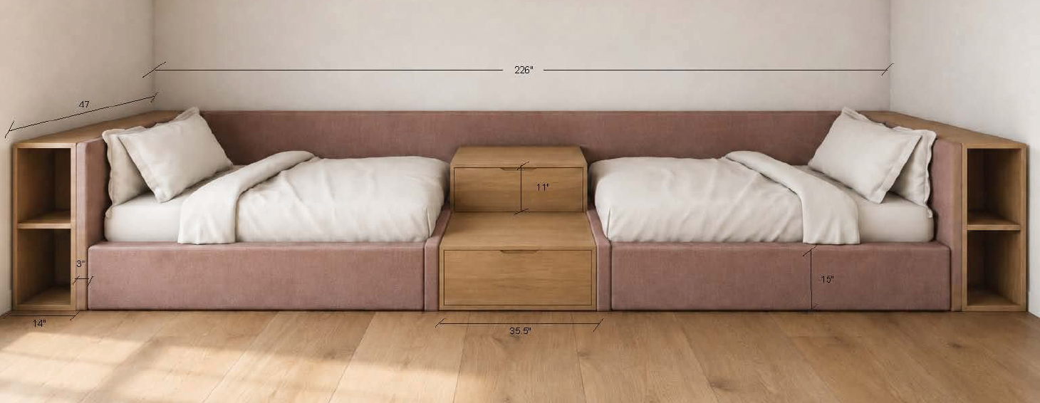 SN | Kids Bedroom Custom Upholstered Bed Frame + Headboard with Oak Bookshelves & Drawers