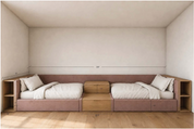 SN | Kids Bedroom Custom Upholstered Bed Frame + Headboard with Oak Bookshelves & Drawers