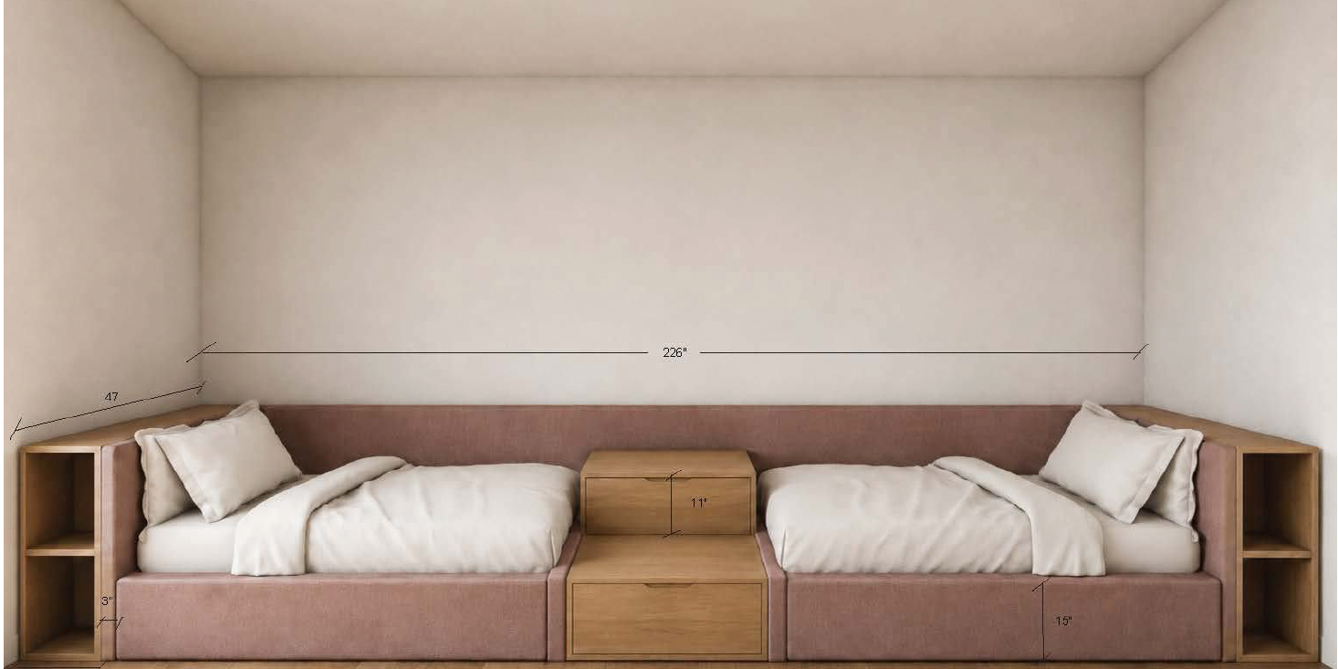 SN | Kids Bedroom Custom Upholstered Bed Frame + Headboard with Oak Bookshelves & Drawers