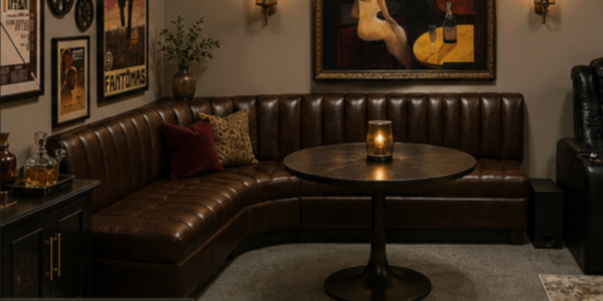TE | Custom L-Shape Distressed Deep Cognac Leather Banquette