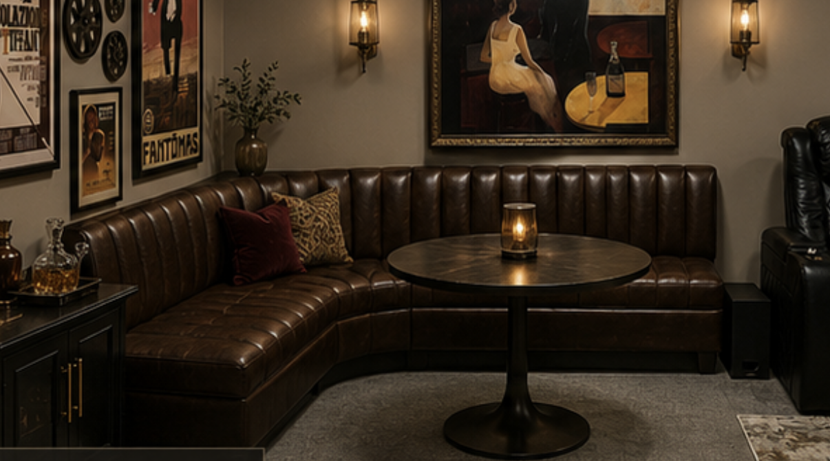 TE | Custom L-Shape Distressed Deep Cognac Leather Banquette