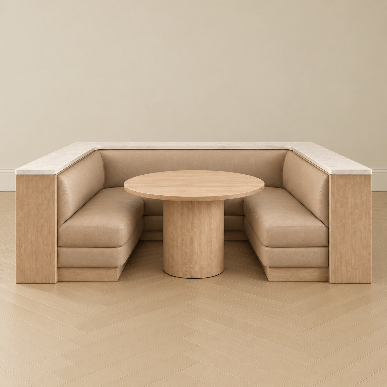 Custom U-Shaped Leather Banquette with White Oak Base