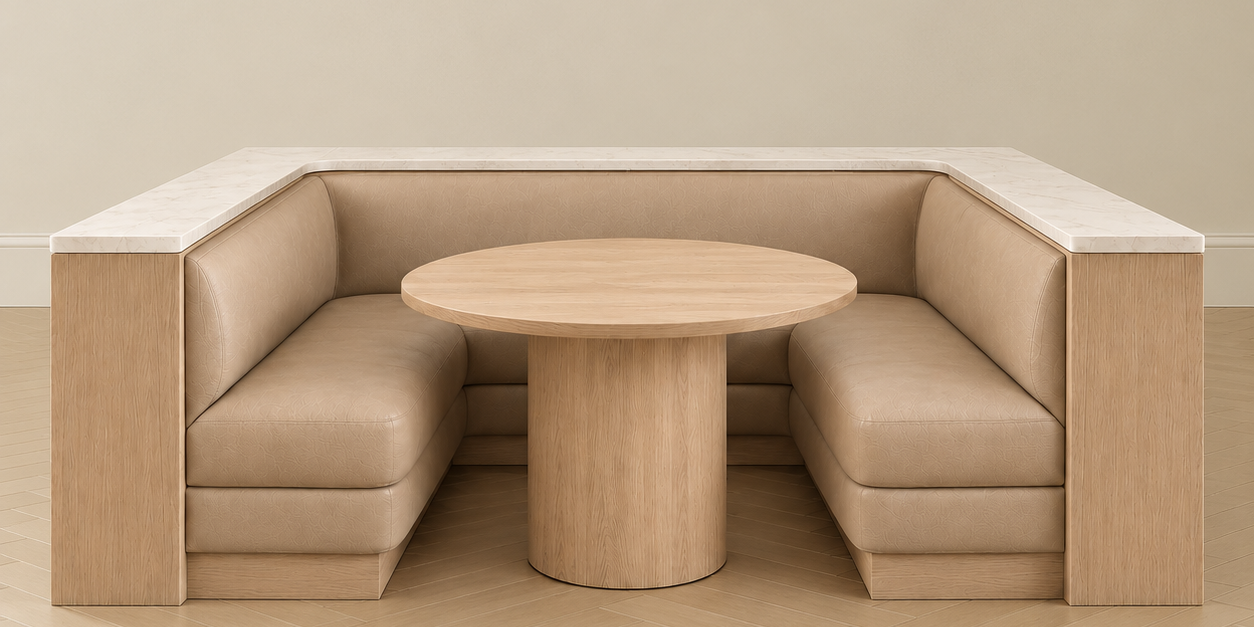 Custom U-Shaped Leather Banquette with White Oak Base