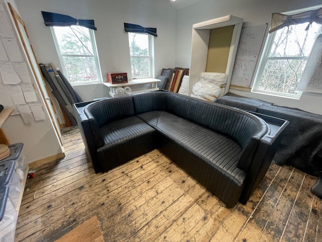 Ribbed Black Leather Sofa Straight Sofa | 95 x d:36 x h:16" or (banquette d:32 x h:19")