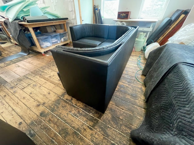 Ribbed Black Leather Sofa Straight Sofa | 95 x d:36 x h:16" or (banquette d:32 x h:19")