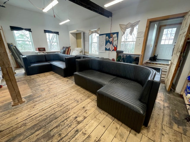 Ribbed Black Leather Sofa Straight Sofa | 95 x d:36 x h:16" or (banquette d:32 x h:19")