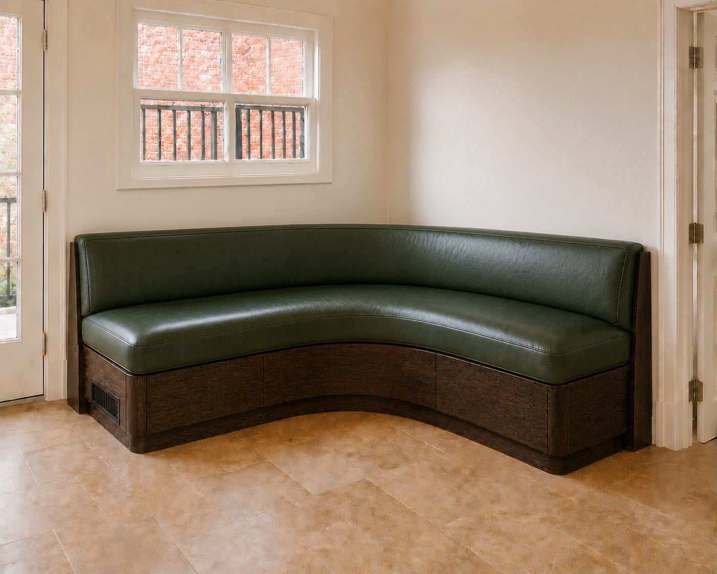 L+A Custom Green Built In Green Leather Bench Seating