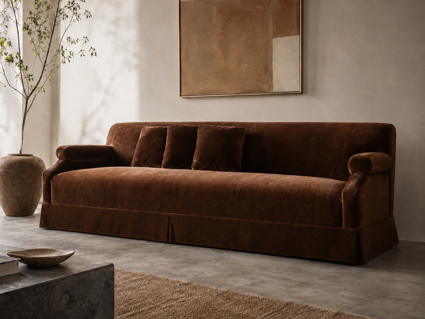 Custom chocolate brown velvet sofa with rolled arms, single bench cushion and tailored center-pleat skirt by HF Atelier