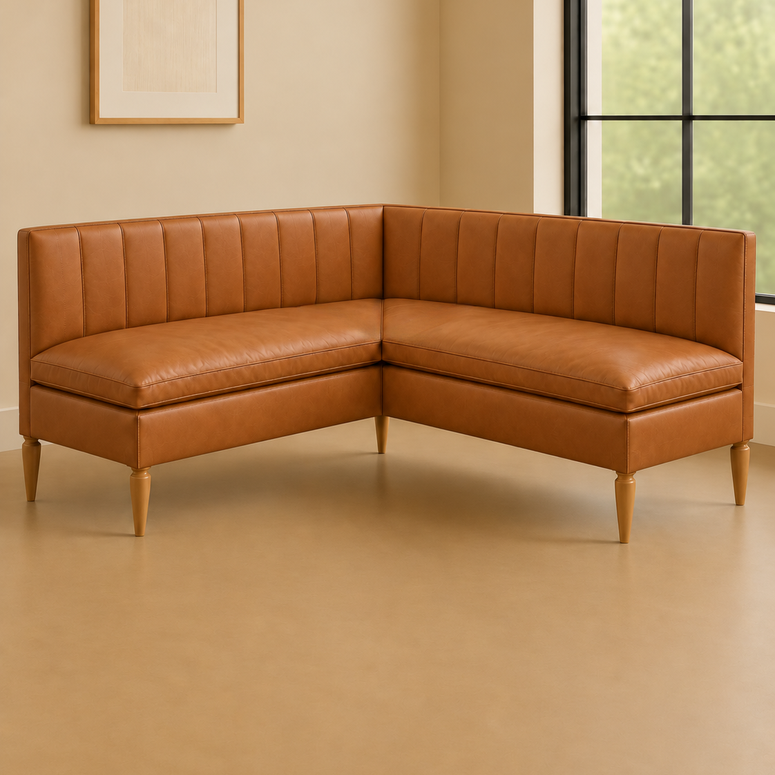 Custom Whiskey Leather Corner Banquette | 66" x 66" Extra Deep Lounge Seating
