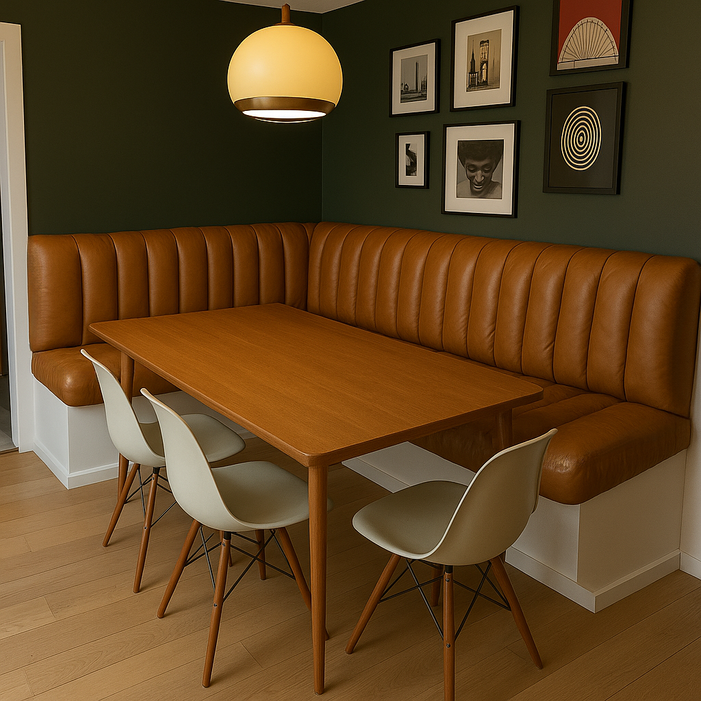 Overstuffed leather banquette – custom retro dining nook seating
