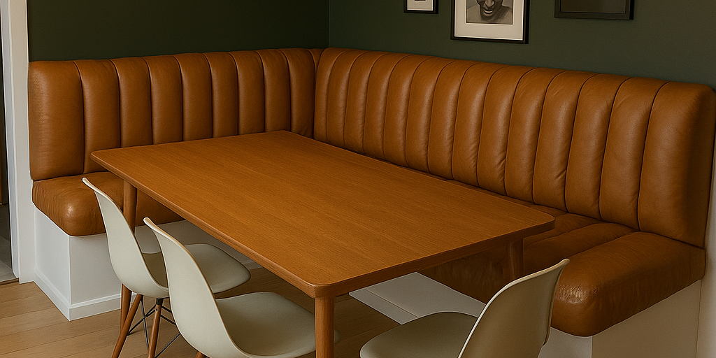 Overstuffed leather banquette – custom retro dining nook seating