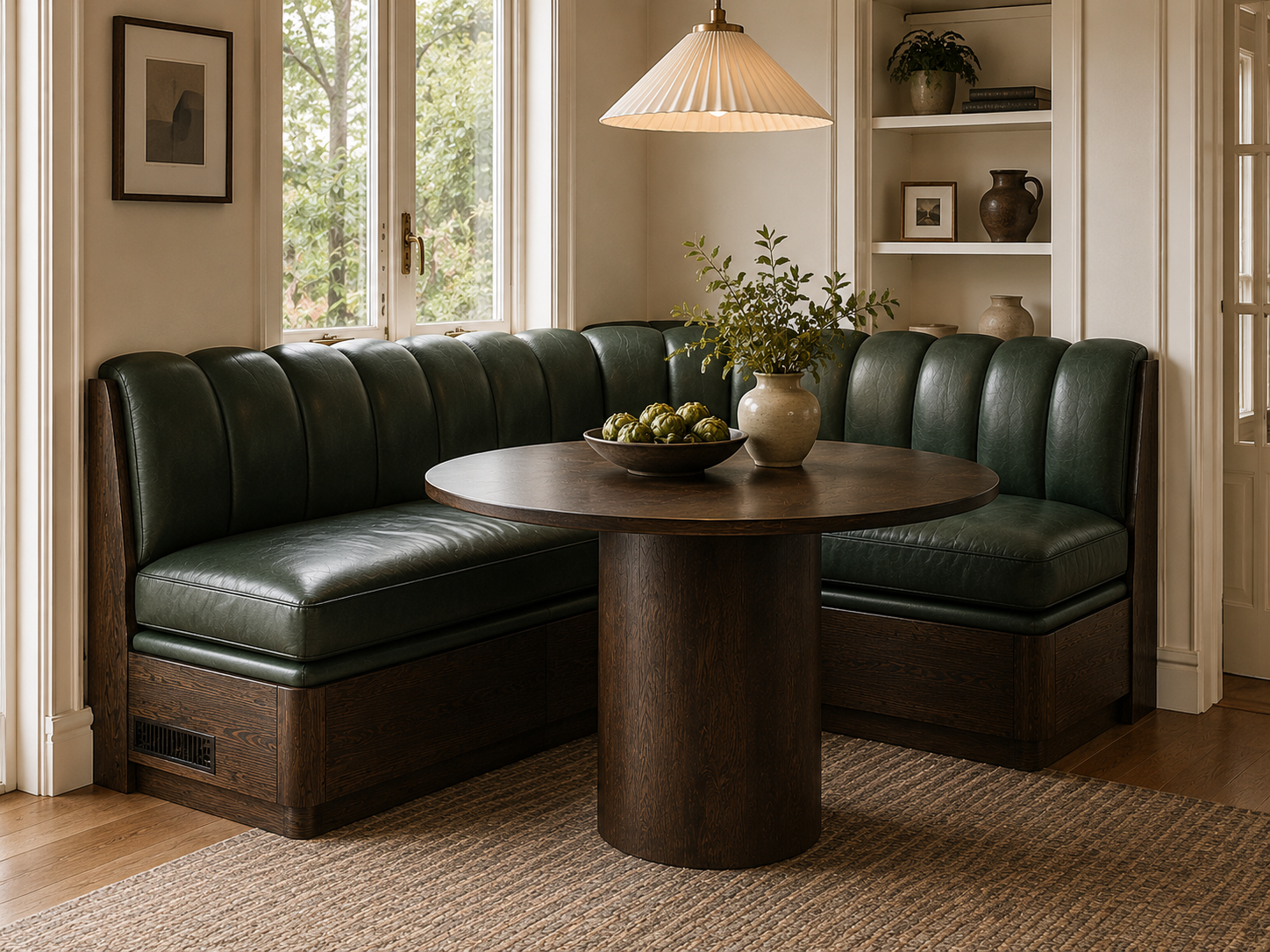 L+A Custom Green Built In Green Leather Bench Seating