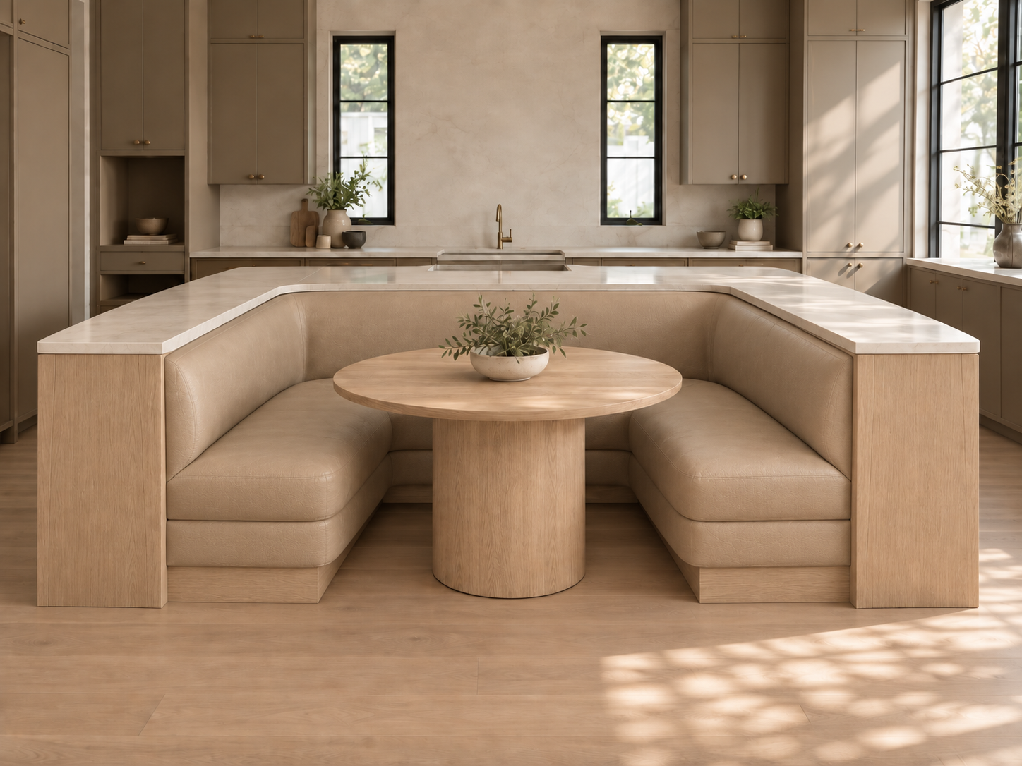 A U-shaped upholstered banquette seating unit with a round wooden pedestal table, set in a modern kitchen with light wood cabinetry and warm natural light.