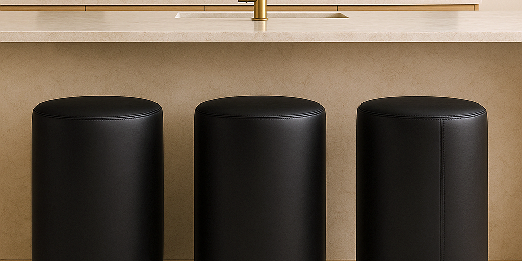 black Modern round bar stool in full-grain leather with minimalist cylindrical shape placed in a neutral-toned luxury kitchen