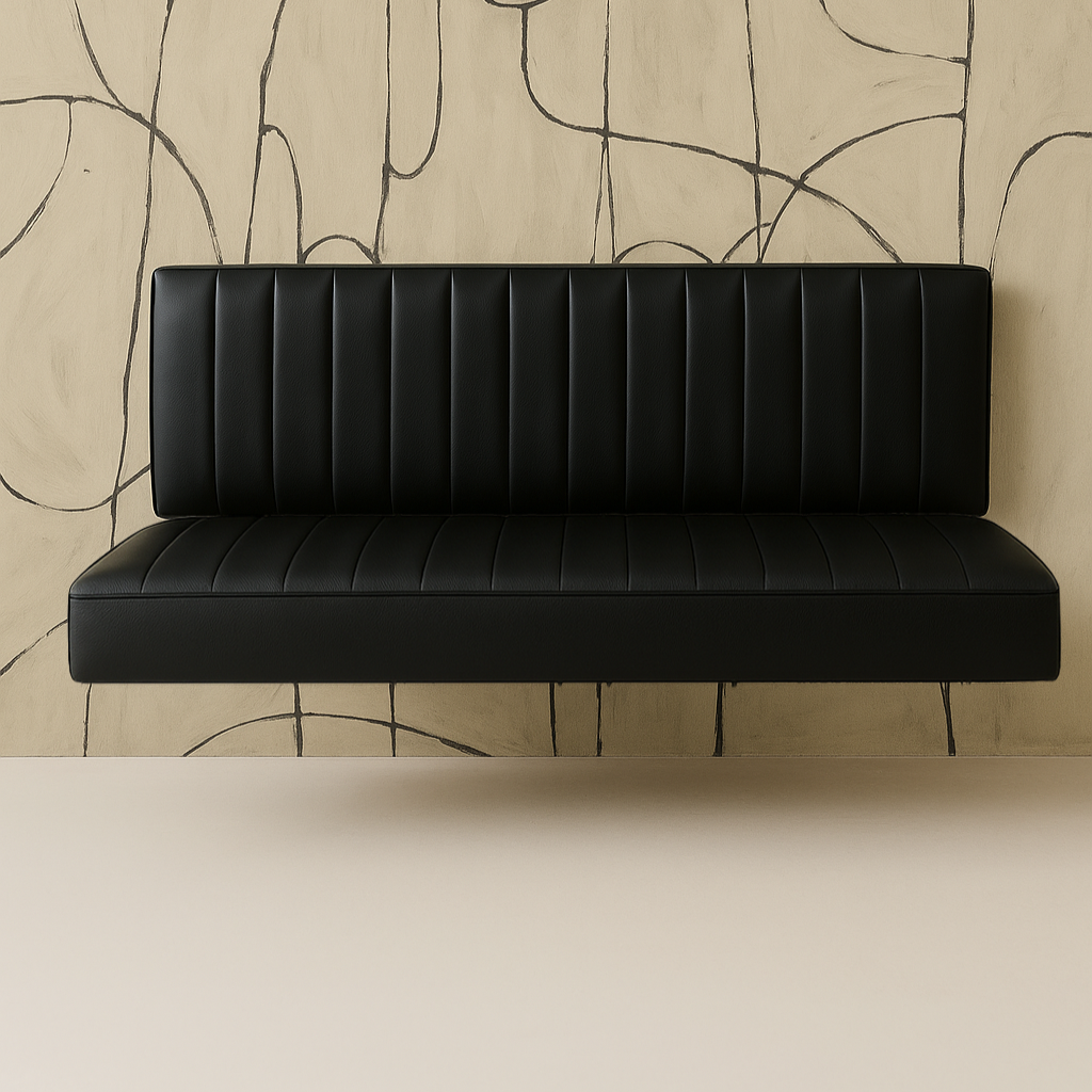 Black leather bench against a beige wall with abstract line patterns