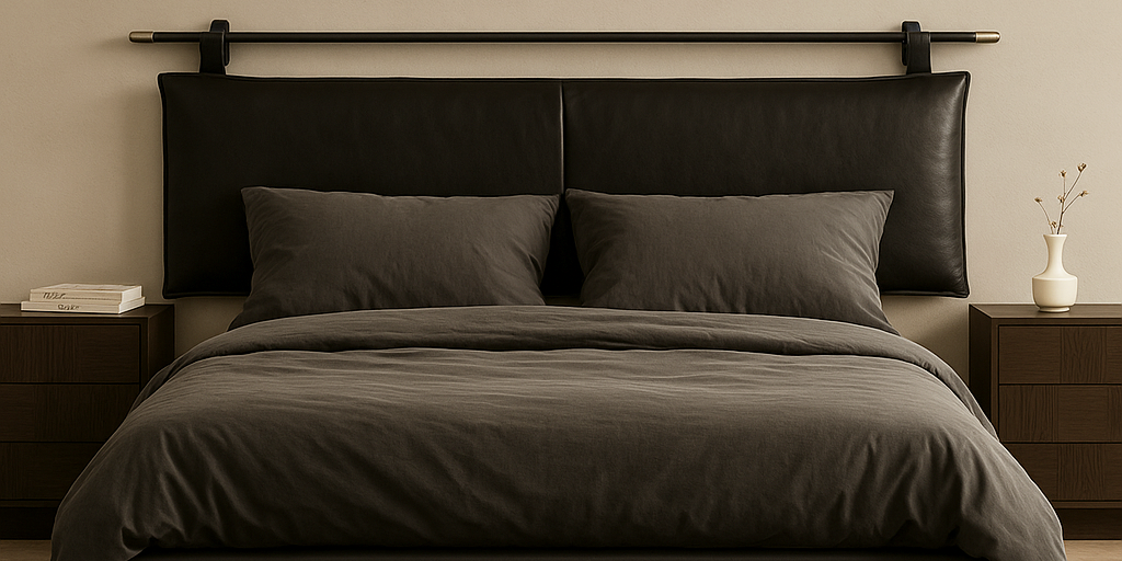 modern masculine bedroom with hanging black leather bed cushion