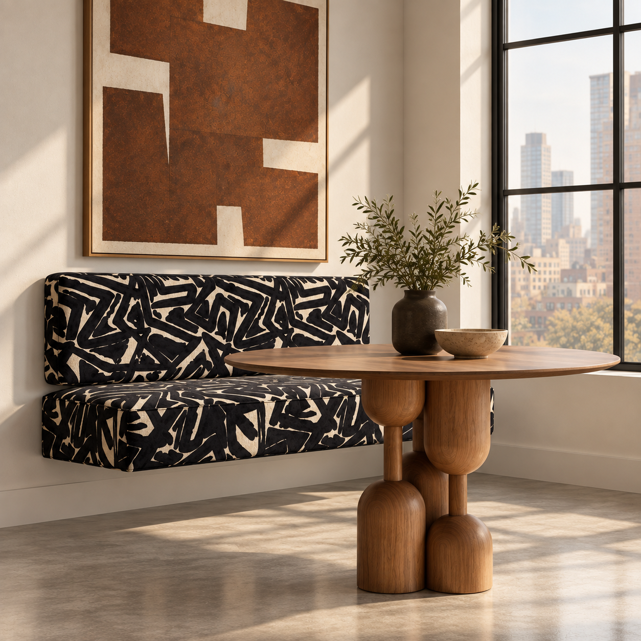 Angled view of black and white graffiti wall mounted bench