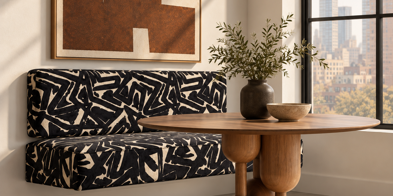 Black & White Graffiti Floating Bench Set | Wall-Mounted Dining Banquette