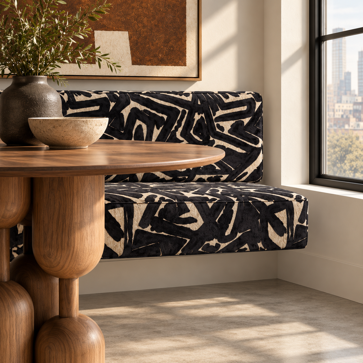 Detail of black and white graffiti upholstery on floating bench set