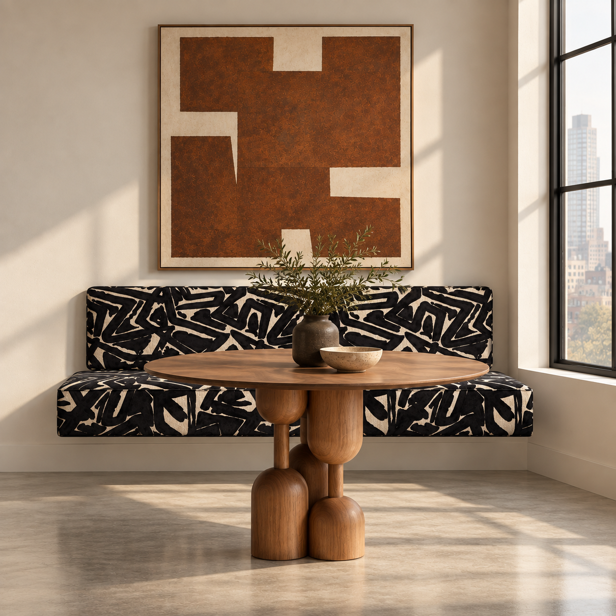 Front view of black and white graffiti floating dining bench set