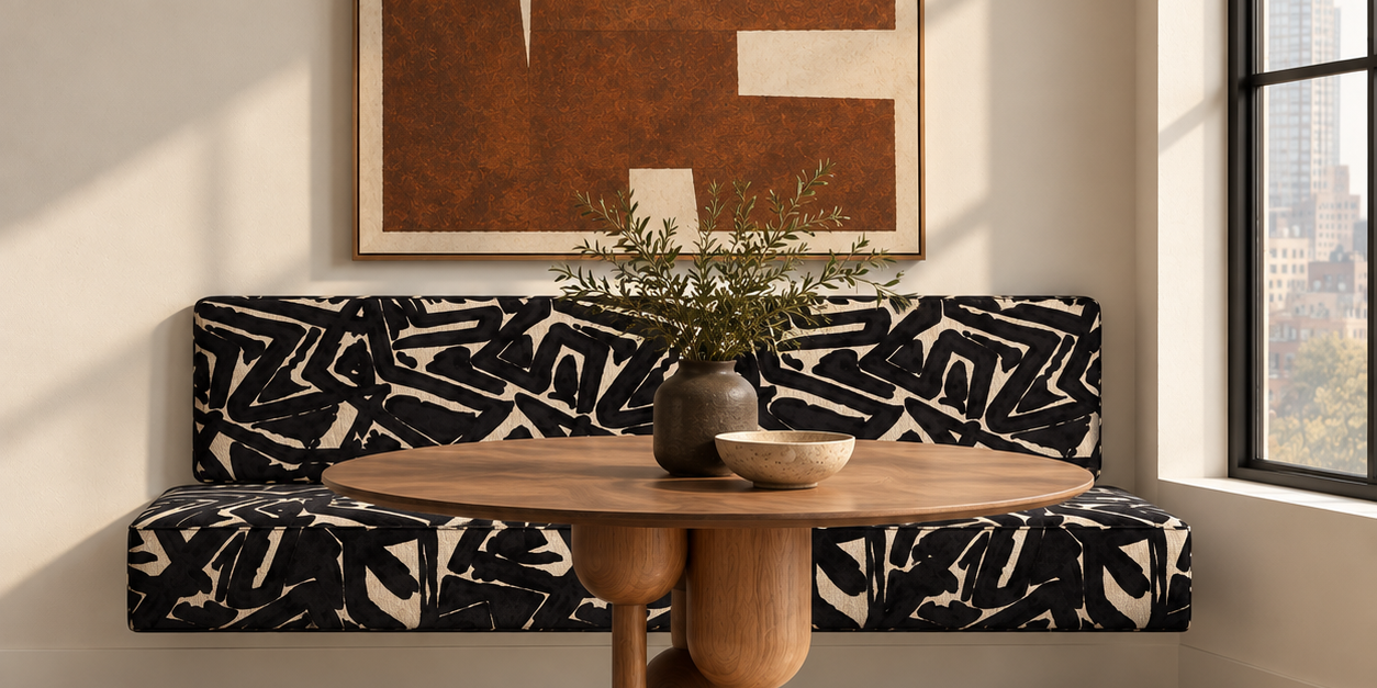Black & White Graffiti Floating Bench Set | Wall-Mounted Dining Banquette