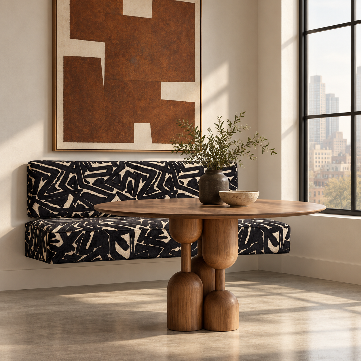 Black and white graffiti floating bench set with sculptural walnut table
