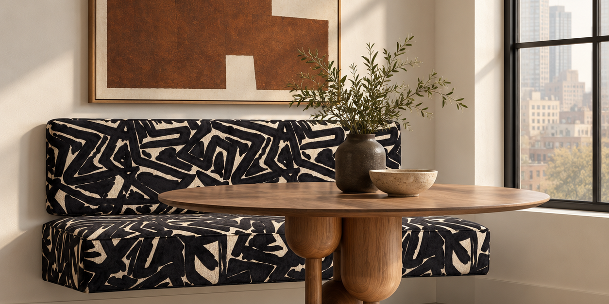 Black & White Graffiti Floating Bench Set | Wall-Mounted Dining Banquette