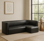 Ribbed Black Leather Sofa Right or Left w Lounge | l:95 x d:36 x h:18” Right Arm l:50 x d:36 x h:16" (banquette d:32 x h:19")