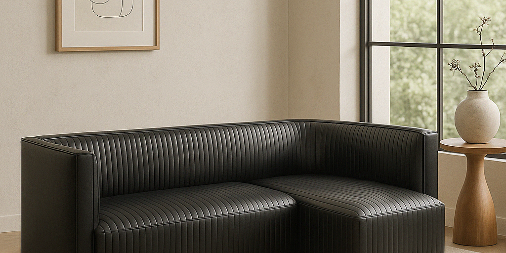 Ribbed Black Leather Sofa Right or Left w Lounge | l:95 x d:36 x h:18” Right Arm l:50 x d:36 x h:16" (banquette d:32 x h:19")