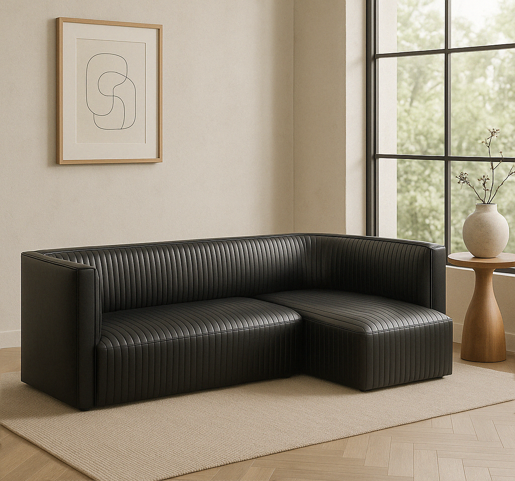 Ribbed Black Leather Sofa Right or Left w Lounge | l:95 x d:36 x h:18” Right Arm l:50 x d:36 x h:16" (banquette d:32 x h:19")