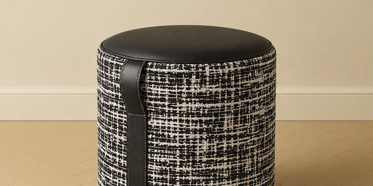 Ottoman | 18" Round Ottoman in Black Leather + Woven Textile