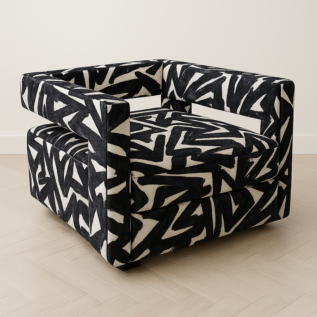 Modern Swivel "Graffiti" Accent Chair – Cutout Back + Sculpted Arms Square Swivel Club Chair w Open Back