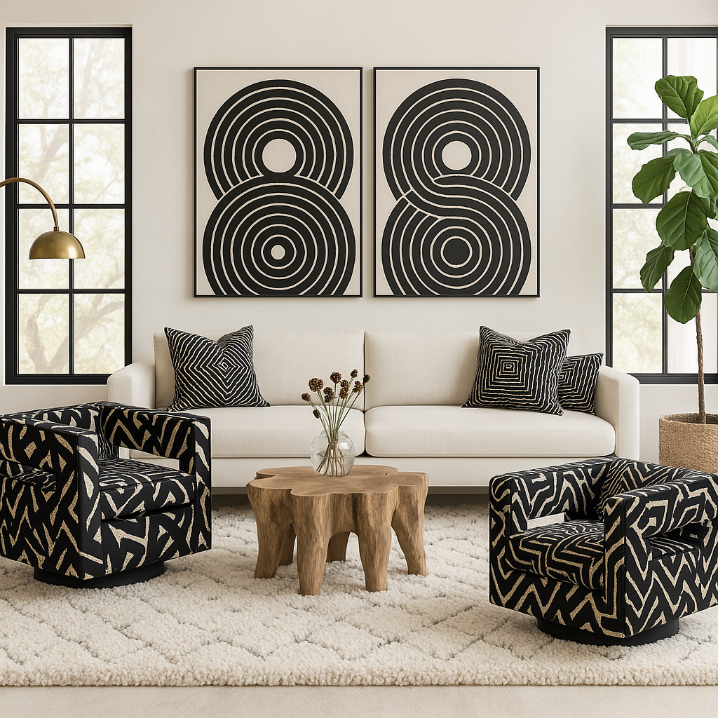 Modern Swivel "Graffiti" Accent Chair – Cutout Back + Sculpted Arms Square Swivel Club Chair w Open Back