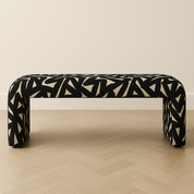 Modern Upholstered Bench | Black & Ivory Geometric Fabric with Rounded Corners
