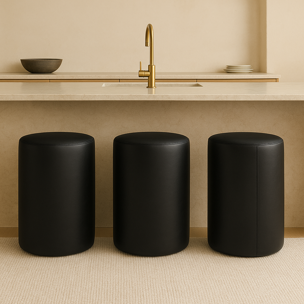 Genuine Leather Round Ottoman or Pouf | Black soft black 17x24" | Counter Stool