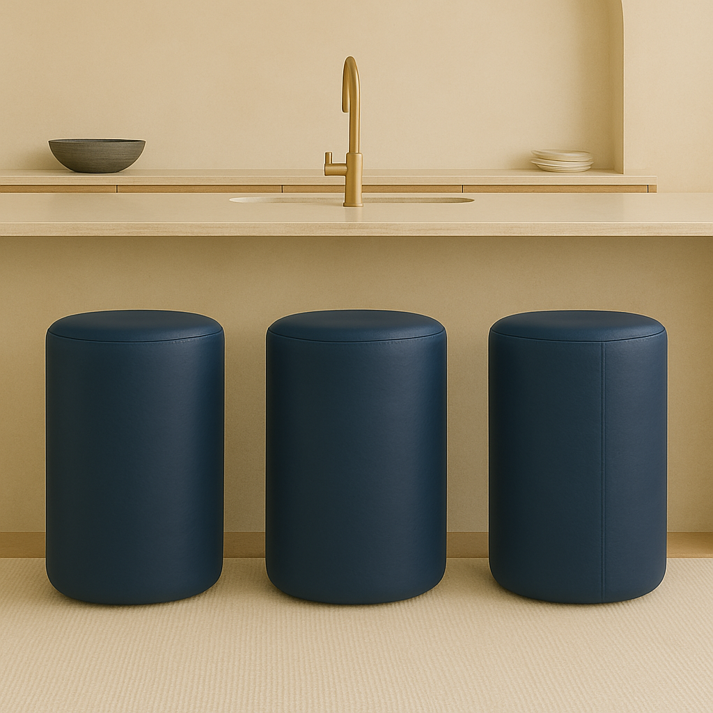 blue Modern round bar stool in full-grain leather with minimalist cylindrical shape placed in a neutral-toned luxury kitchen