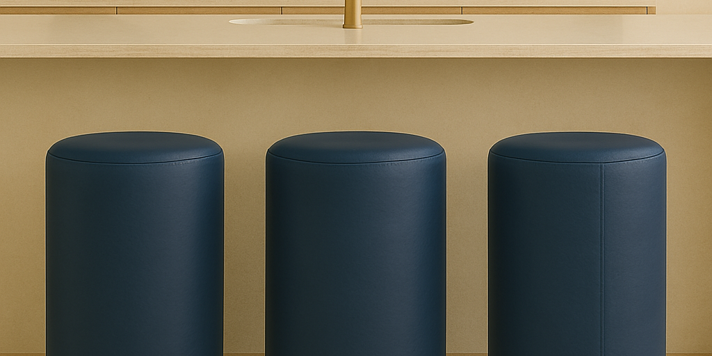 blue Modern round bar stool in full-grain leather with minimalist cylindrical shape placed in a neutral-toned luxury kitchen