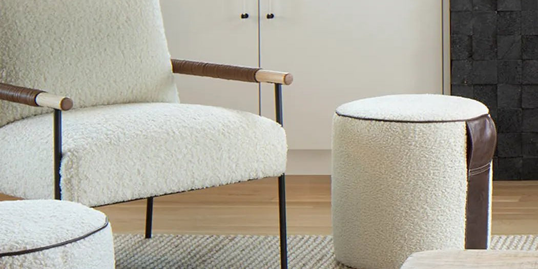 Boucle and Leather Round Ottoman Pouf - H U N T E D F O X