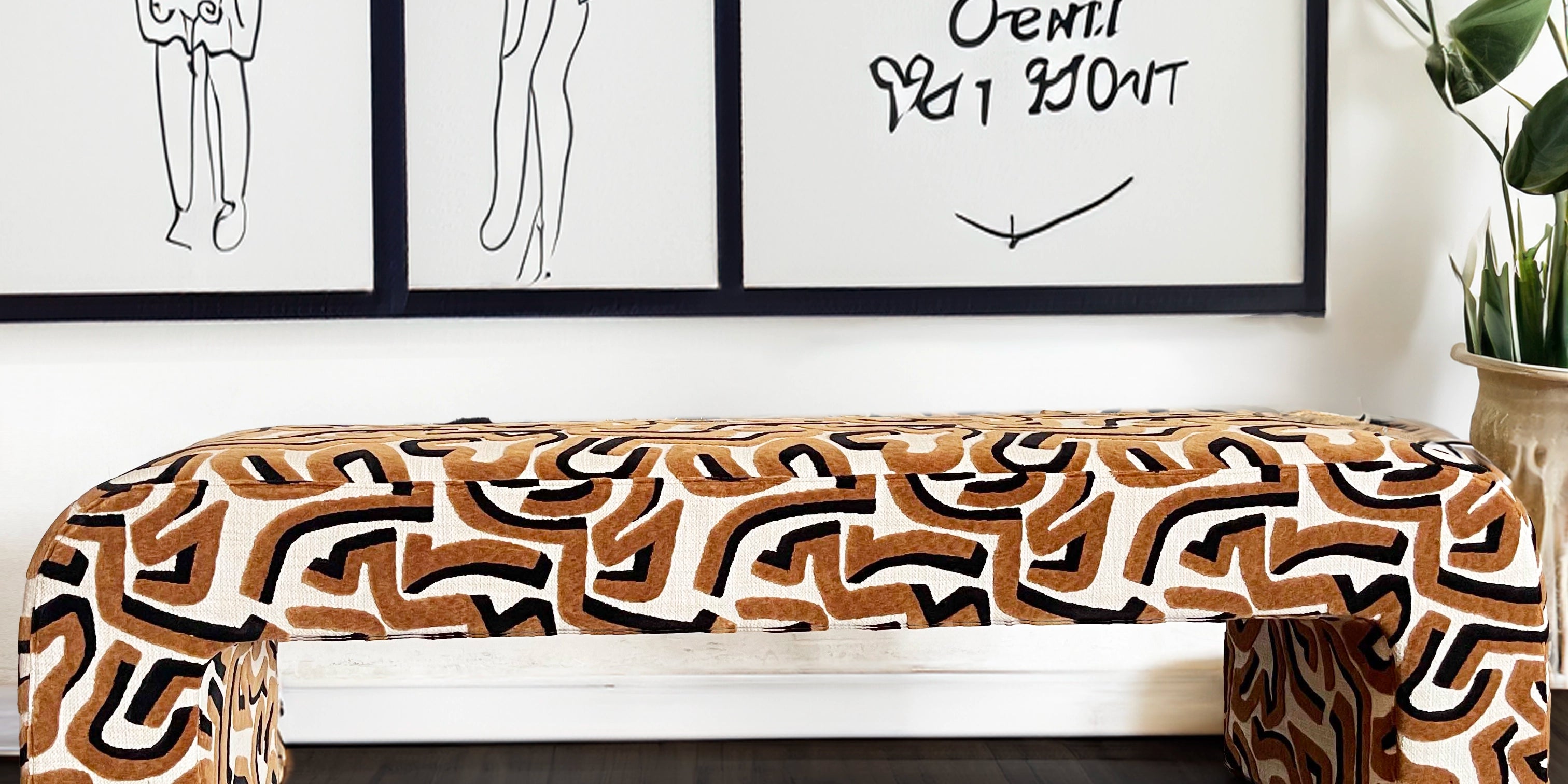 Modern Upholstered Bench | Black & Ivory Geometric Fabric with Rounded Corners