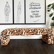 Modern Upholstered Bench | Black & Ivory Geometric Fabric with Rounded Corners