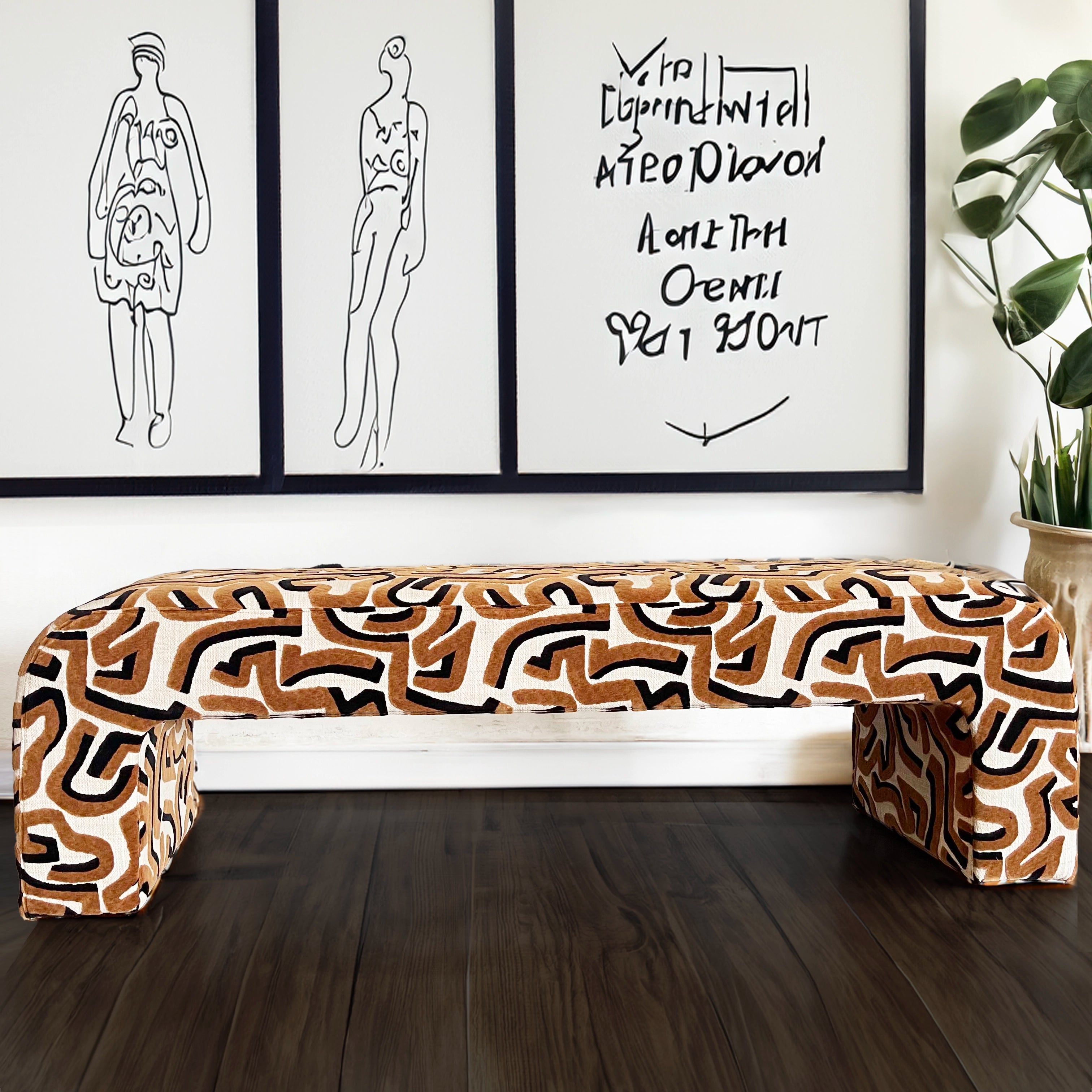 Modern Upholstered Bench | Black & Ivory Geometric Fabric with Rounded Corners