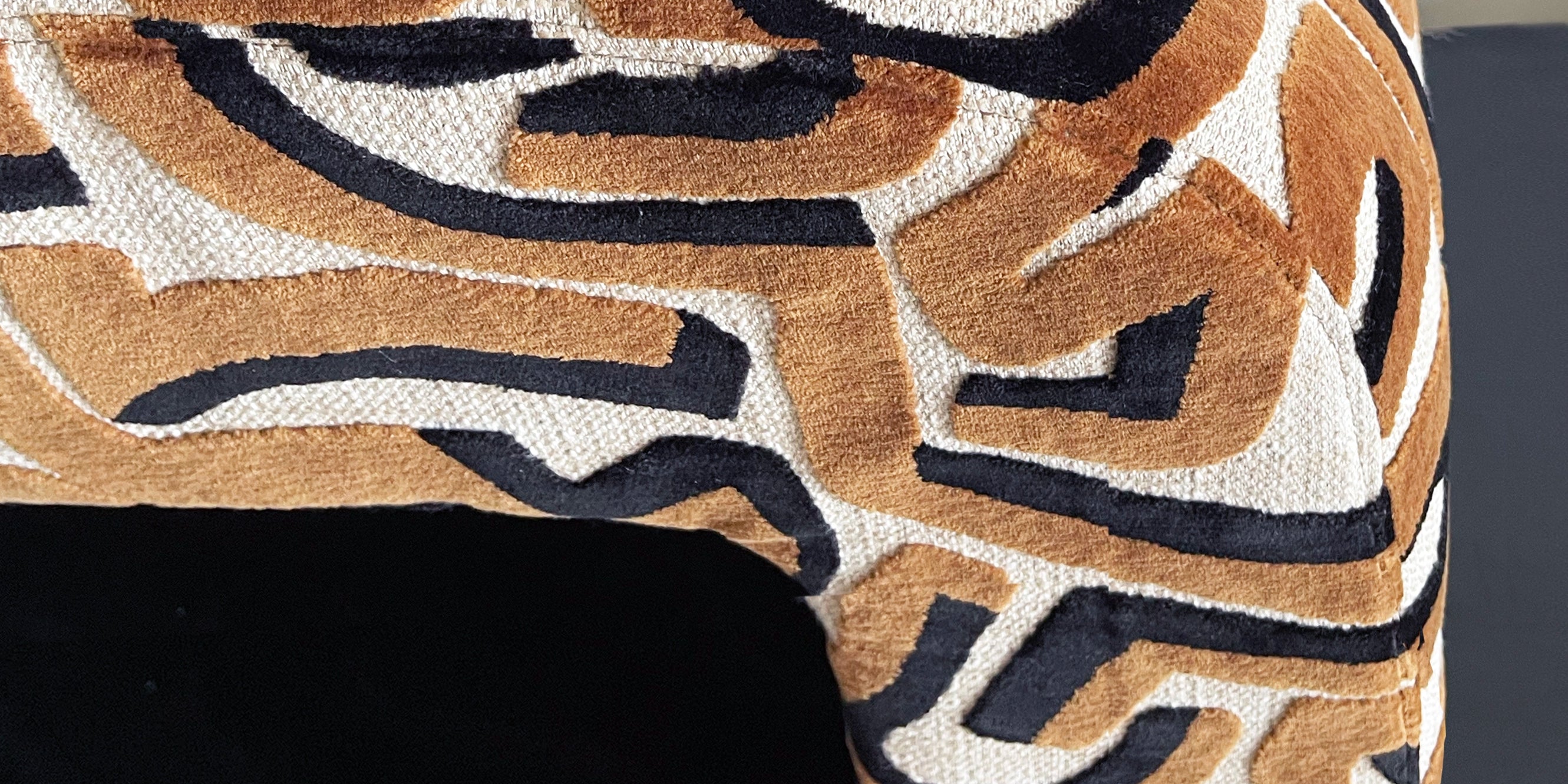 Modern Upholstered Bench | Black & Ivory Geometric Fabric with Rounded Corners graffiti bronze