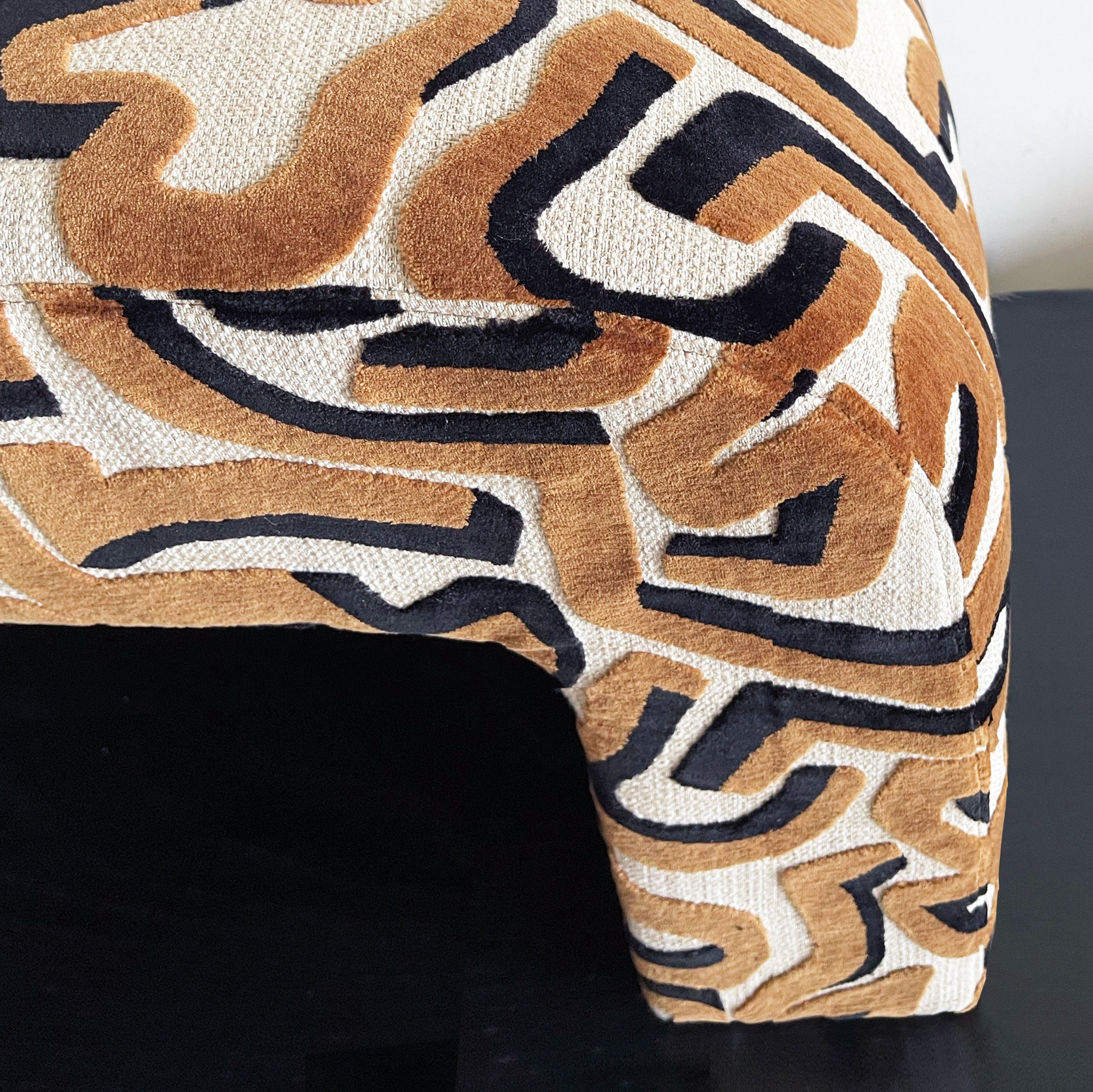 Modern Upholstered Bench | Black & Ivory Geometric Fabric with Rounded Corners graffiti bronze