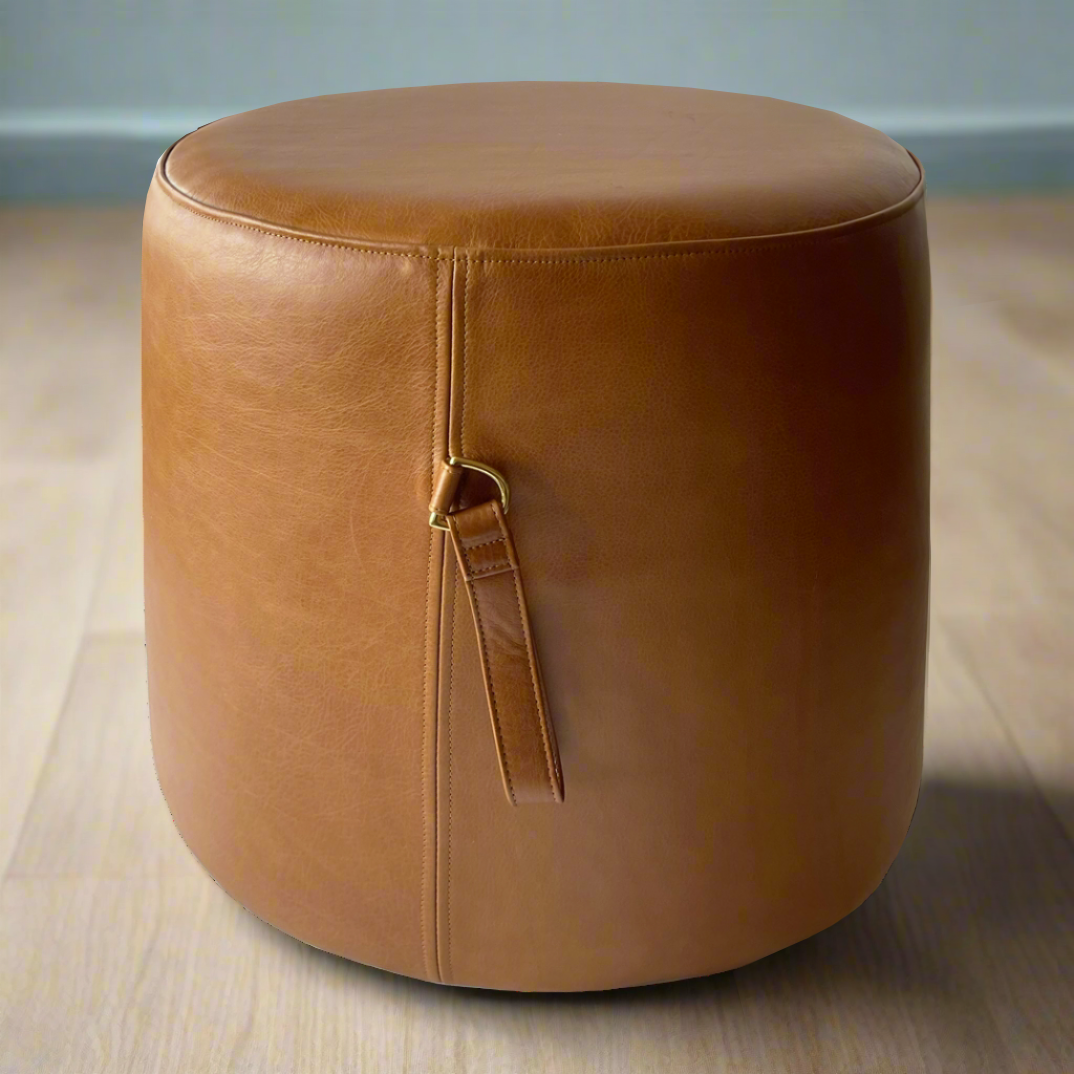 brown leather ottoman with handle leather pouf 18"