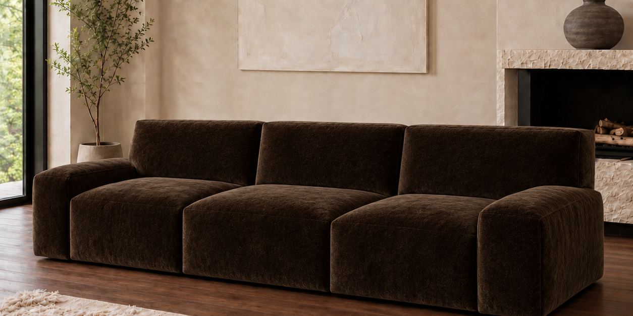 Chocolate Mohair Three-Seat Sofa | Oversized Low-Profile Lounge Sofa