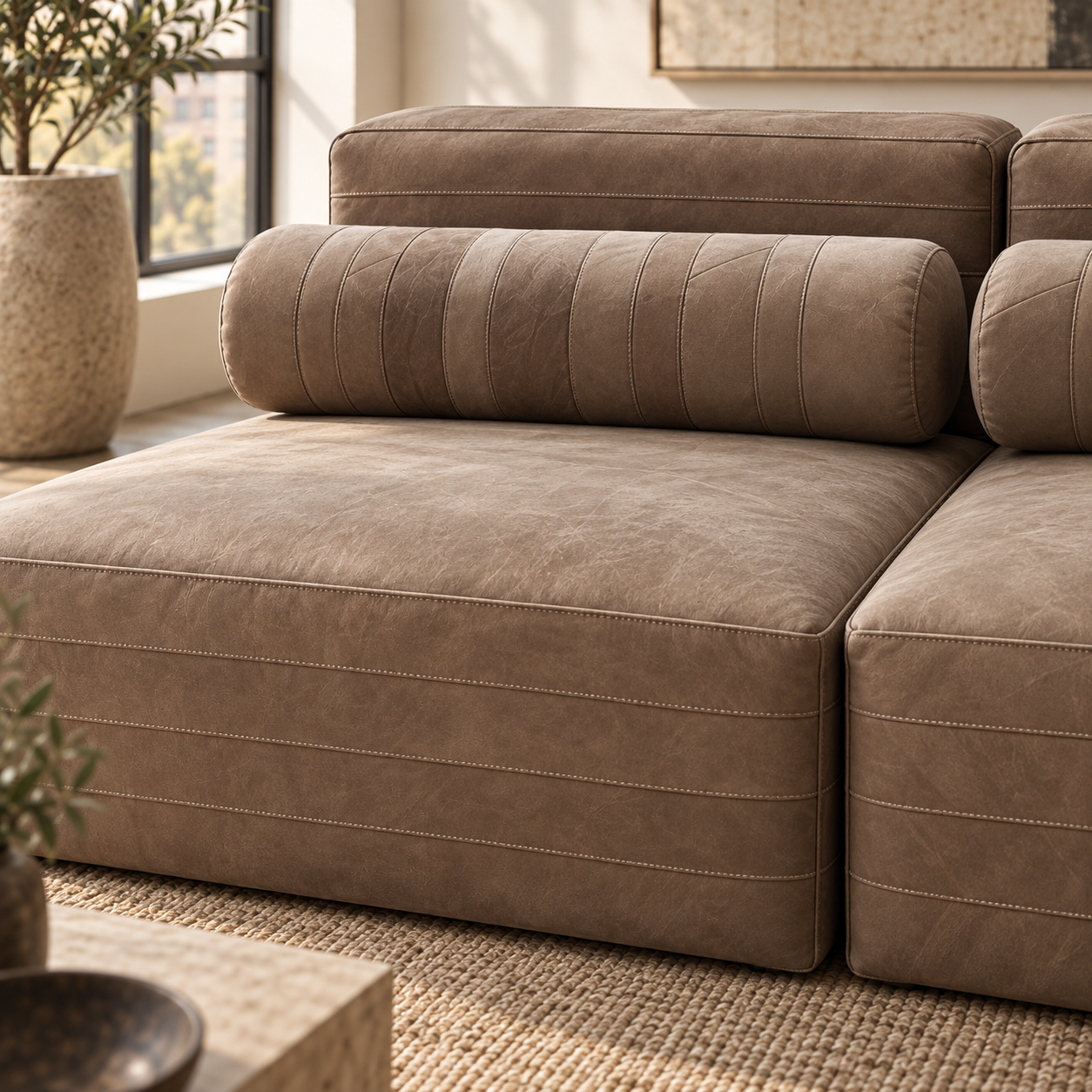 Close up of thick natural buffalo hide sofa leather, horizontal stitching and cylindrical bolster pillow