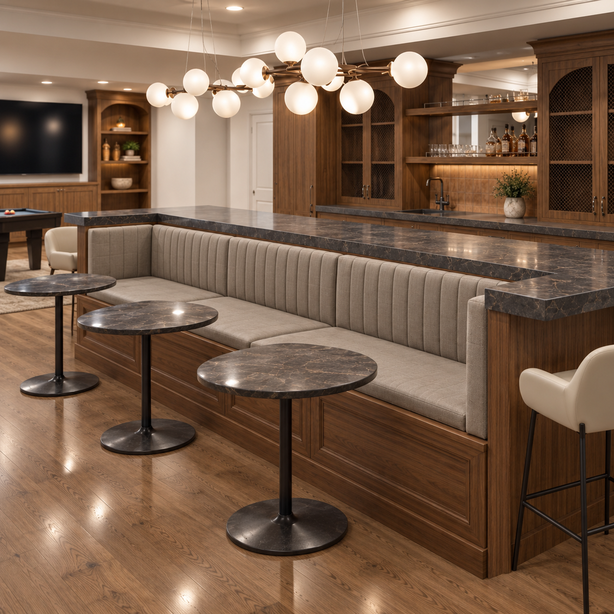 Built-In Banquette Upholstery Panels | COM Game Room & Home Bar Seating
