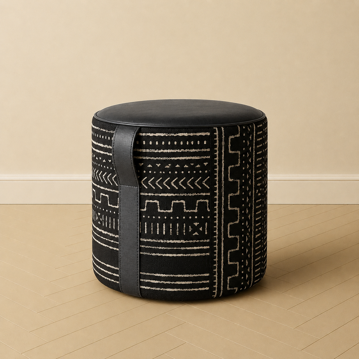 Geometric Leather Ottoman with Handle BLACK Leather & African Mudcloth