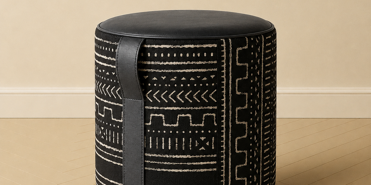 Geometric Leather Ottoman with Handle BLACK Leather & African Mudcloth