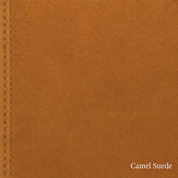 Close-up of camel suede fabric with visible stitching, labeled 'Camel Suede'.